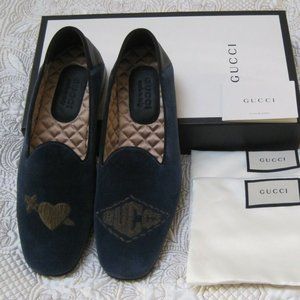 NIB Gucci Mens Velvet Dark Blue Loafer 523846 Marmara Gucci Size 9.5(9+Gucci)